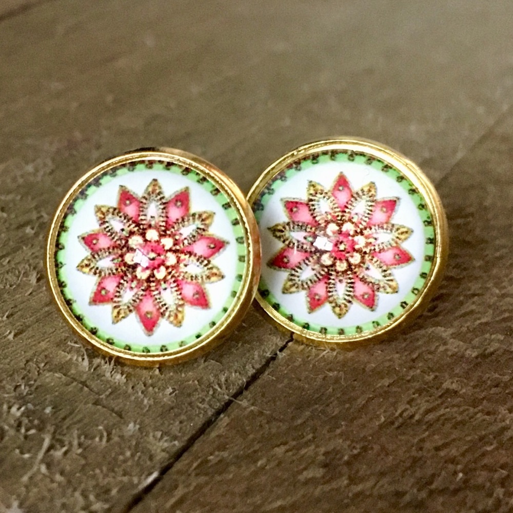 LOTUS GLASS STUD EARRINGS, round Large, Gold, New